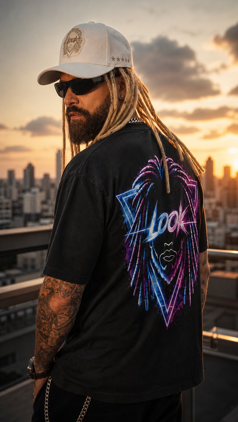 Camiseta Oversized Preta — Arte neon nas costas