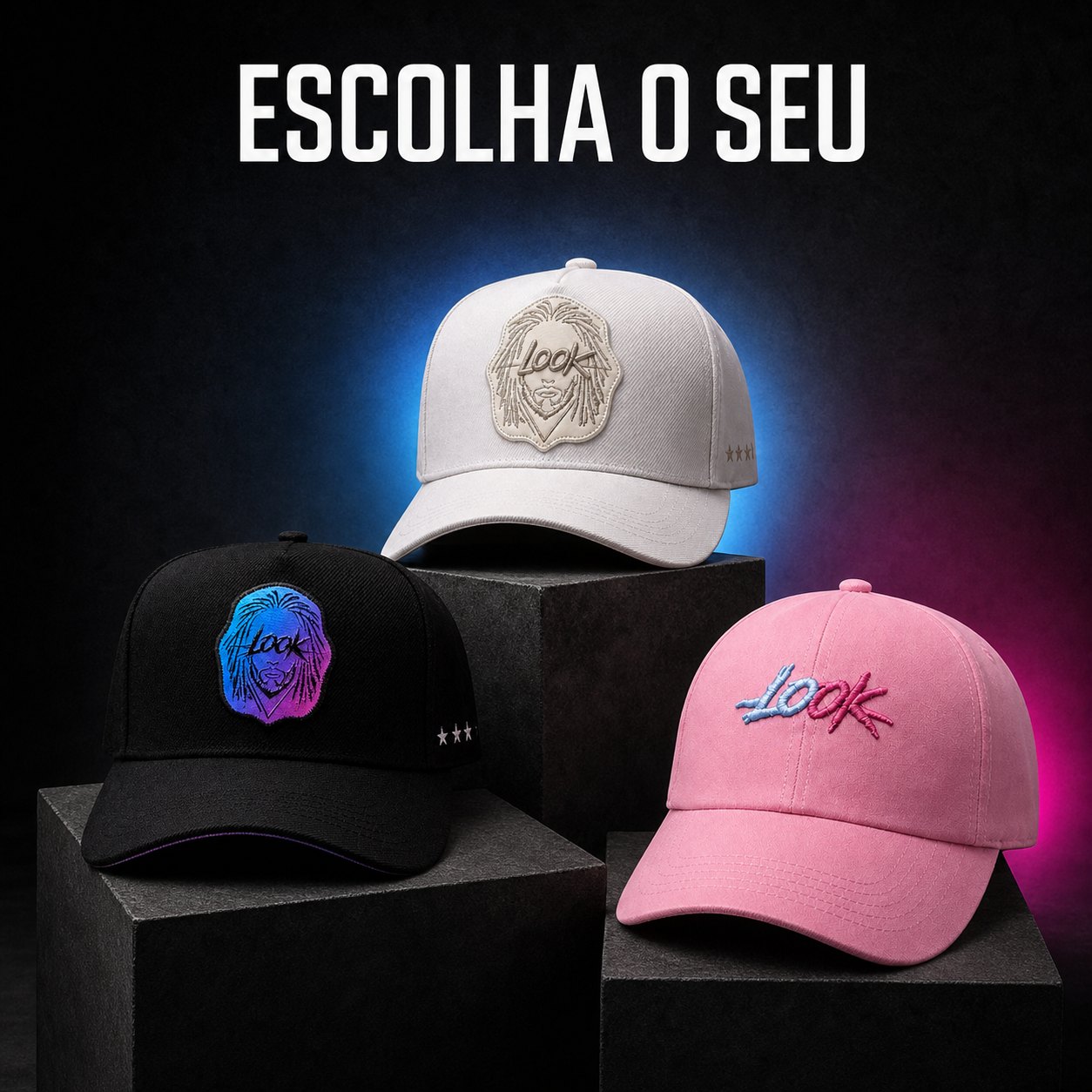 Bonés LOOK — Preto, off-white e rosa