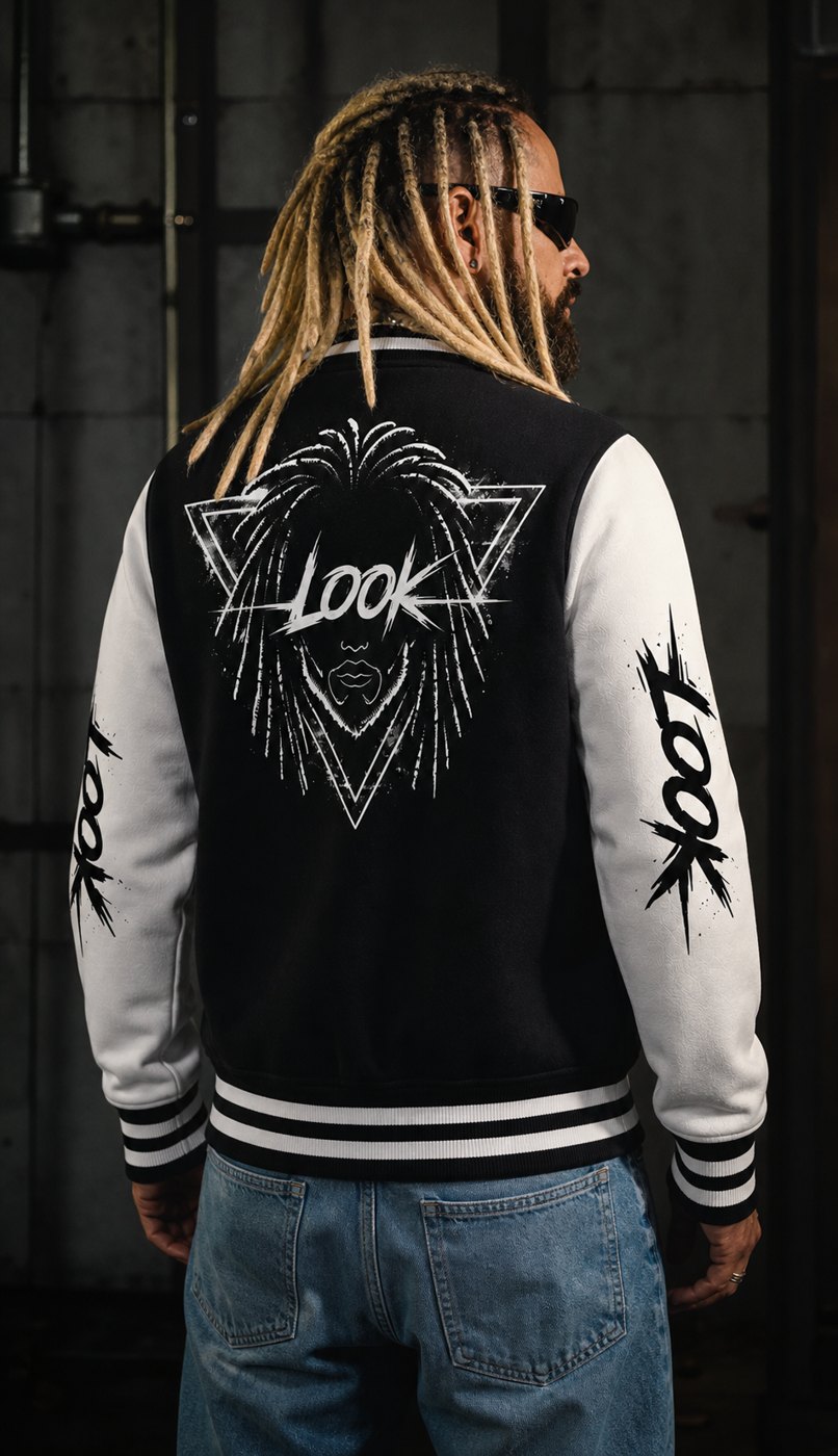 Jaqueta Varsity Preta — Verso com grafismo LOOK